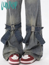 Lunivop Women’s Splicing Bow Design Micro Flared Jeans American Vintage Casual Denim Trousers